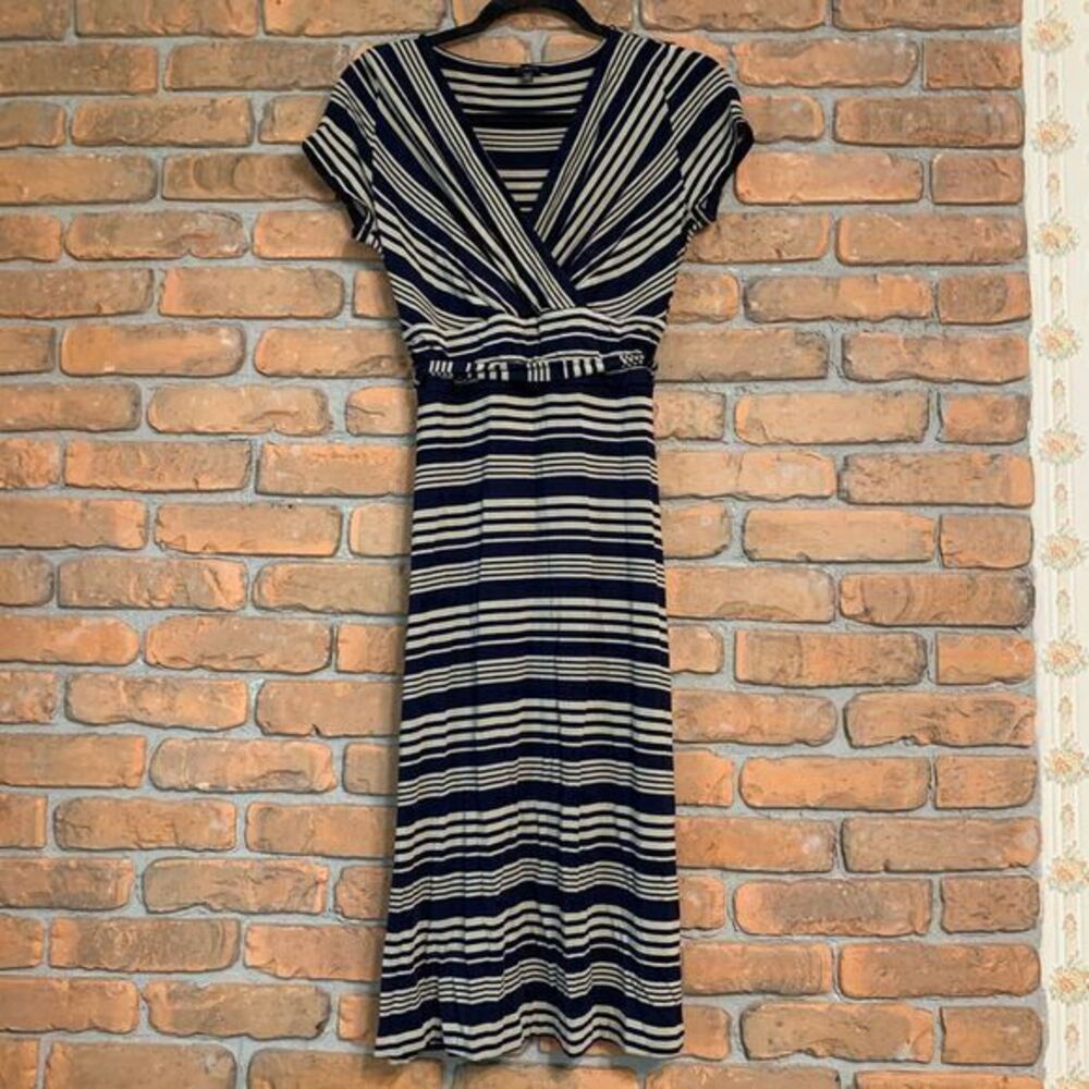 Talbots Women's Striped Faux Wrap Belted V-Neck Short Sleeve Midi Dress‎ Navy XS